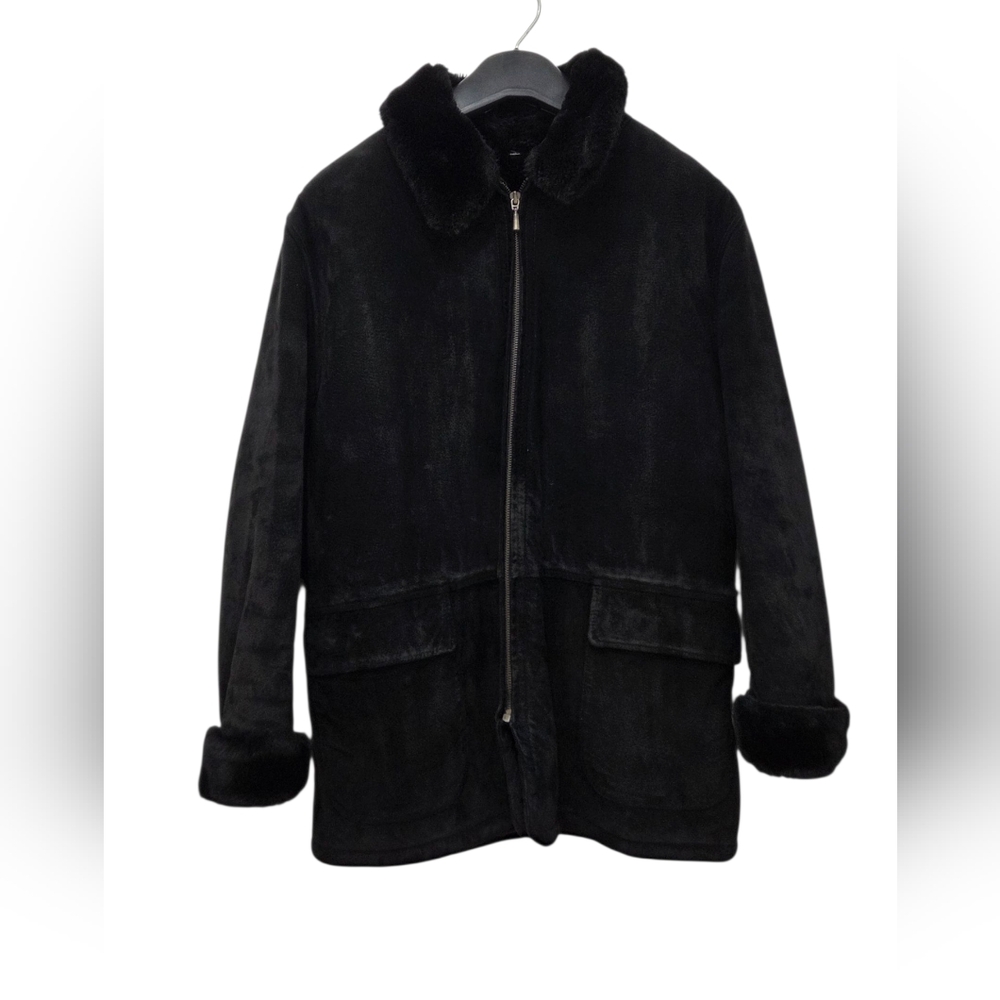 Vtg Womens Jones New York Sport Black Suede Leather Faux Fur Lined Coat Sz Large